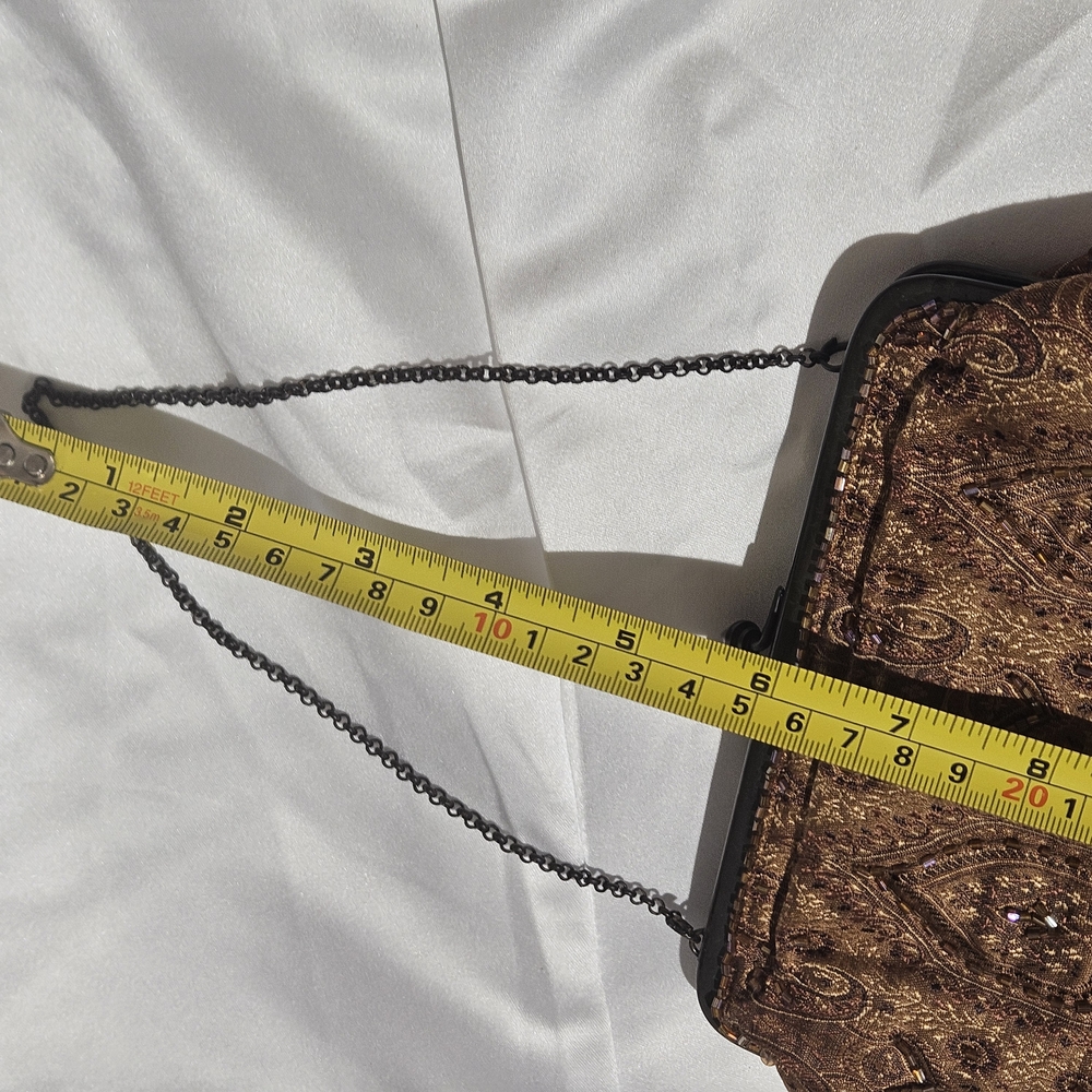 Moyna Brown Sequined Brocade Clutch with Metal Frame - Picture 5 of 7